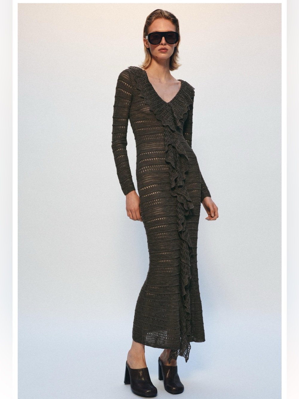 ZARA POINTELLE KNIT RUFFLED DRESS